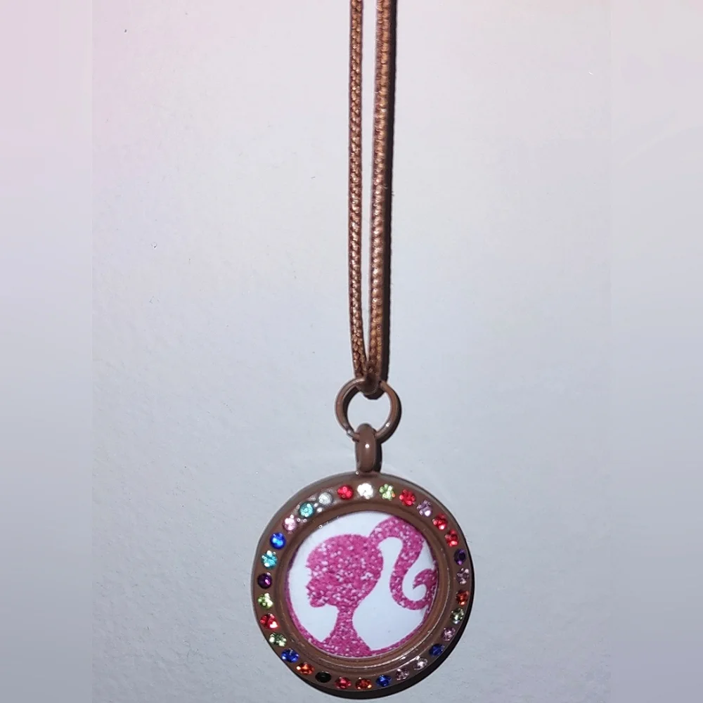 Pink Barbie Pendant Brown Round Necklace